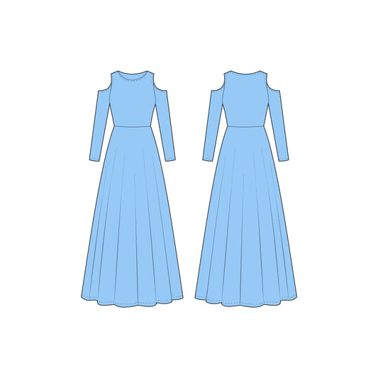 Women's Full Sleeves Cold Shoulder Long Dress Sewing Pattern - A0004-23-W-1