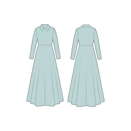 Women's Full Sleeves Collar Neck Long Dress Sewing Pattern - A0005-23-W-1
