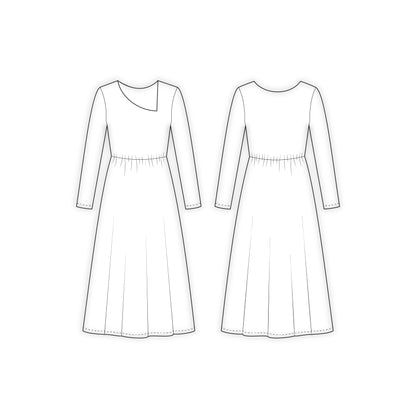 Women's Full Sleeves Asymmetrical Neck Long Dress Sewing Pattern - A0003-23-W-1