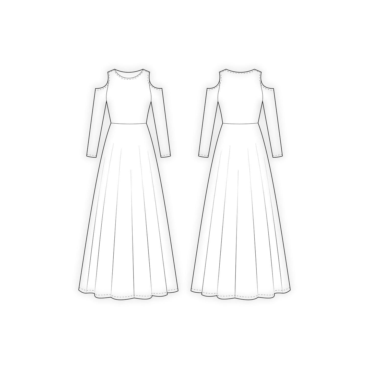 Women's Full Sleeves Cold Shoulder Long Dress Sewing Pattern - A0004-23-W-1