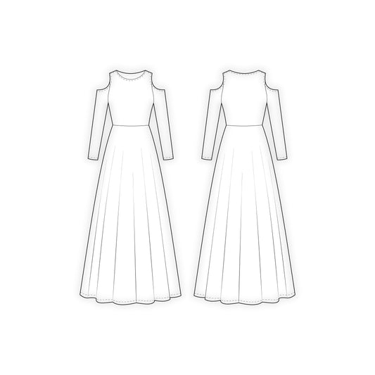 Women's Full Sleeves Cold Shoulder Long Dress Sewing Pattern - A0004-23-W-1