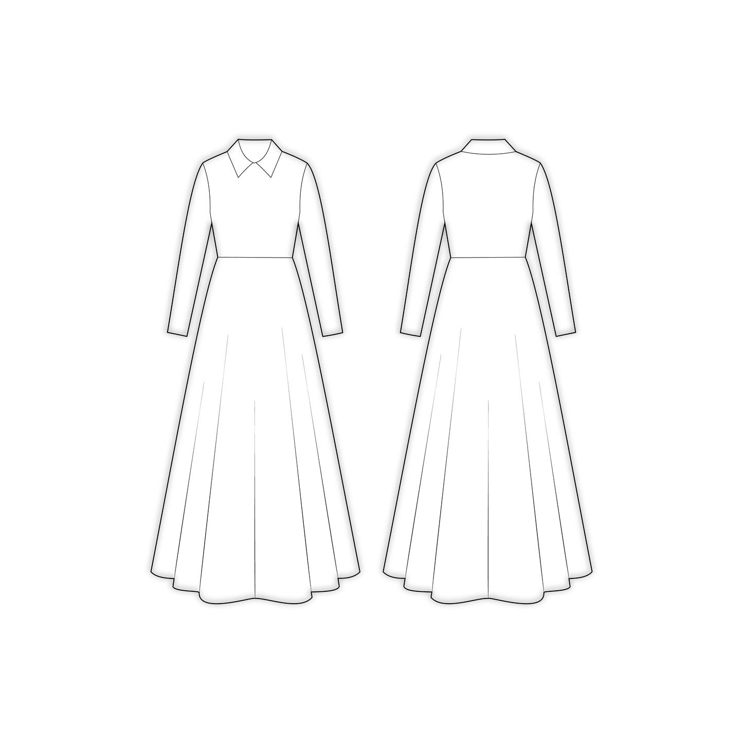 Women's Full Sleeves Collar Neck Long Dress Sewing Pattern - A0005-23-W-1