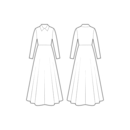 Women's Full Sleeves Collar Neck Long Dress Sewing Pattern - A0005-23-W-1