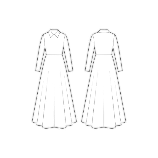 Women's Full Sleeves Collar Neck Long Dress Sewing Pattern - A0005-23-W-1