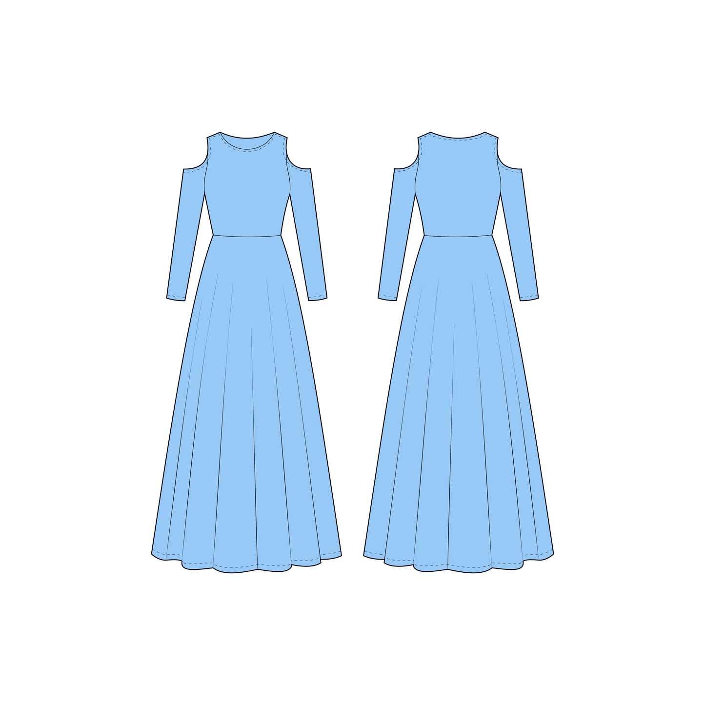 Women's Full Sleeves Cold Shoulder Long Dress Sewing Pattern - A0004-23-W-1