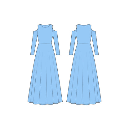 Women's Full Sleeves Cold Shoulder Long Dress Sewing Pattern - A0004-23-W-1