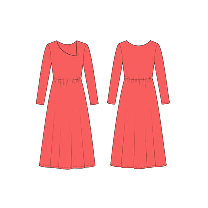 Women's Full Sleeves Asymmetrical Neck Long Dress Sewing Pattern - A0003-23-W-1