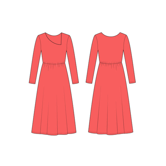 Women's Full Sleeves Asymmetrical Neck Long Dress Sewing Pattern - A0003-23-W-1