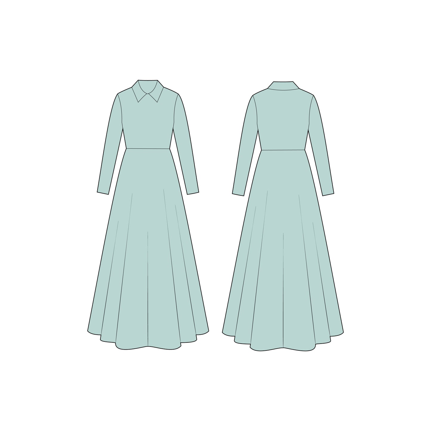 Women's Full Sleeves Collar Neck Long Dress Sewing Pattern - A0005-23-W-1