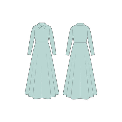 Women's Full Sleeves Collar Neck Long Dress Sewing Pattern - A0005-23-W-1