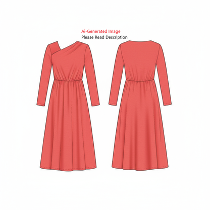 Women's Full Sleeves Asymmetrical Neck Long Dress Sewing Pattern - A0003-23-W-1